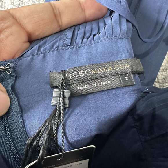 BCBGMAXAZRIA Dress Womens 2 Navy Gail 100% Silk Pleated V Neck Tie Back Mini Bow - Picture 5 of 8